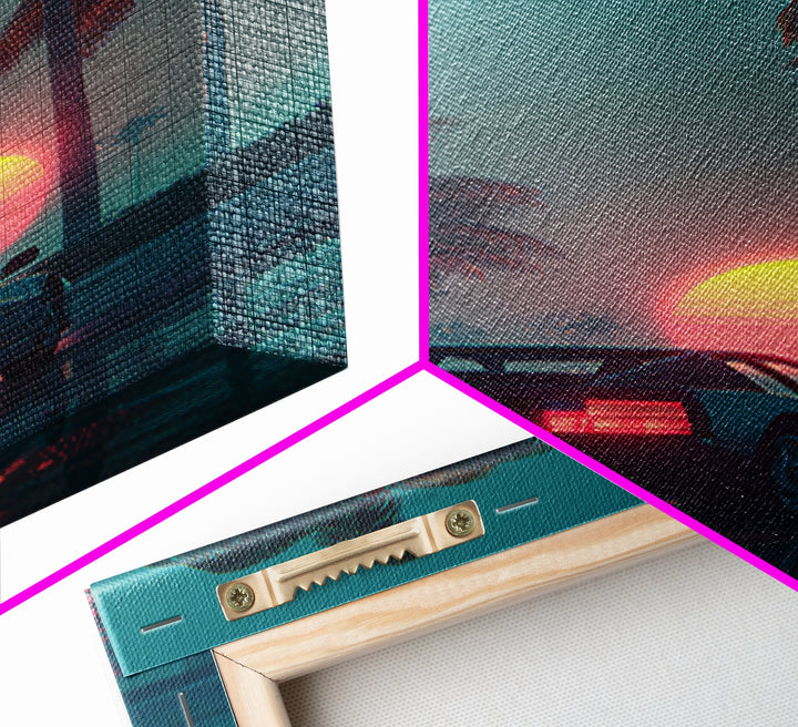 Retro Futuristic Car At Sunset Surrounded By Palm Trees With Neon Glow Vibrant Digital Art Canvas Print