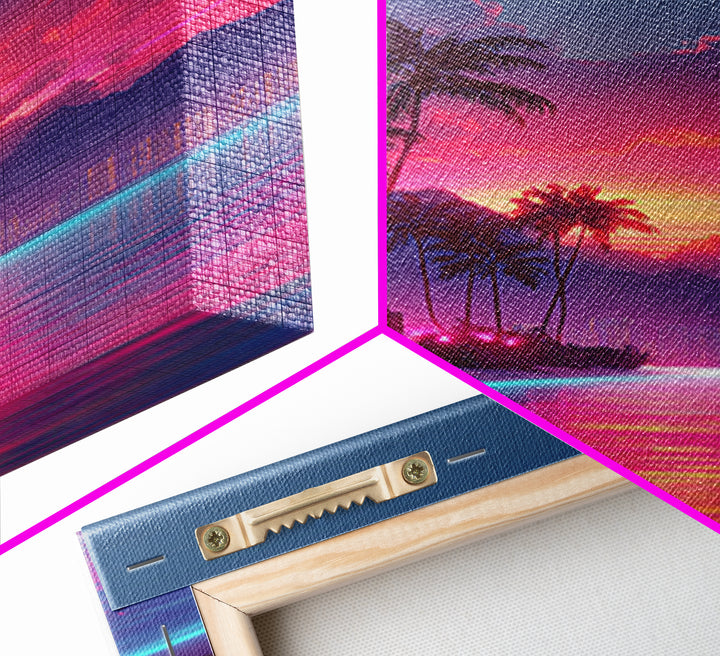 Vibrant Sunset Over Tropical Beach With Palm Trees And Reflective Ocean Modern Wall Art Print Canvas