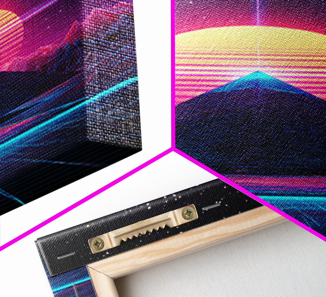 Retro Futuristic Neon Pyramid With Sun And Stars Canvas Print Modern Wall Art For Sci Fi Home Decor And Office