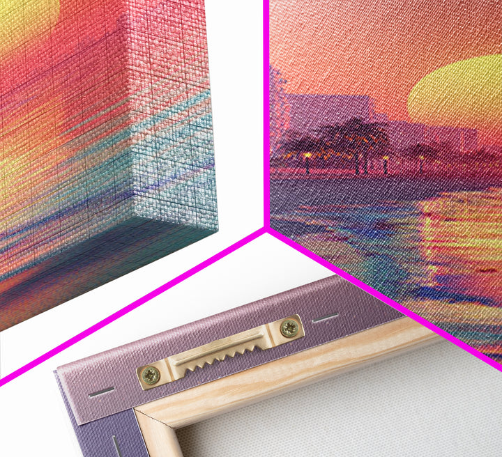 Peaceful Urban Beach Boardwalk Sunset Vibrant Wall Art Canvas Print For Contemporary Living Room Decor Tropical Coastal Vibes