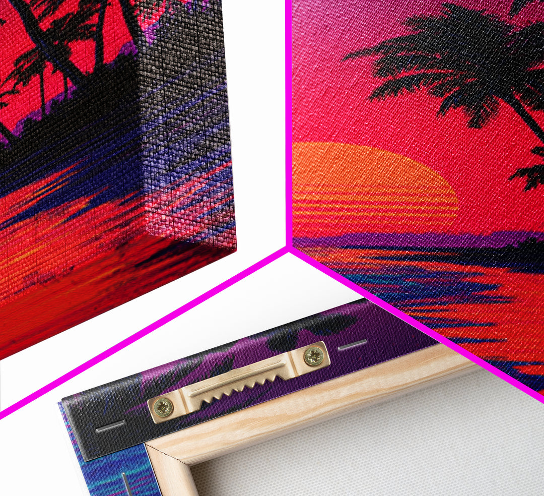 Vibrant Sunset Over Tropical Beach With Palm Trees Digital Wall Art Framed Canvas Print For Home Decor