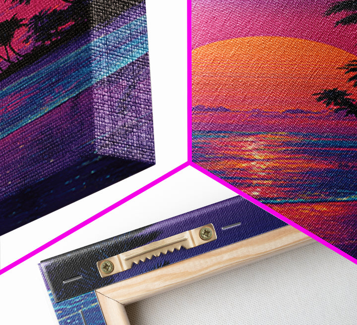 Digital Tropical Beach Sunset Wall Art Vibrant Retro Canvas Print For Coastal Living Room Decor And Relaxing Home Vibes