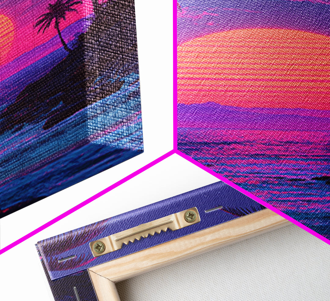 Vibrant Pink And Purple Tropical Beach Sunset With Palm Trees And Calm Ocean Retro Style Canvas Print