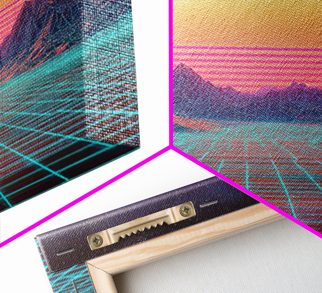Retro Futuristic Synthwave Neon Sunset Over Wireframe Mountains Wall Art Print For Bedroom Decor Contemporary Canvas Print