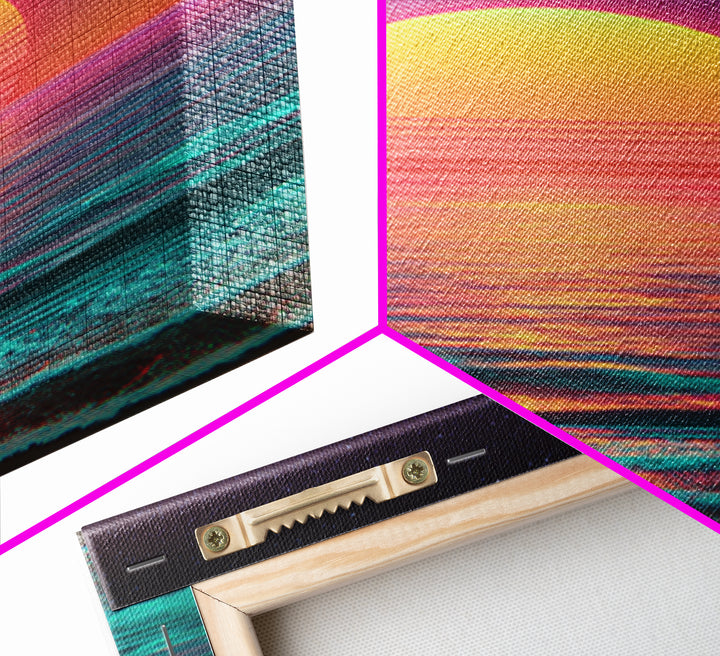Digital Neon Sunset Ocean Wave Artwork Vibrant Abstract Modern Wall Art Large Framed Canvas Print Coastal Home Decor
