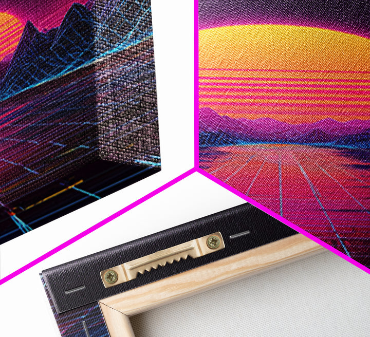 Retro Futuristic Sunset Landscape With Neon Grid Mountains And Starry Sky Wall Art Canvas Print For Modern Home Decor