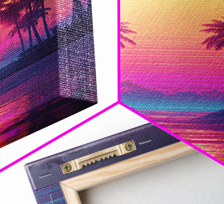 Vibrant Retro Sunset Over Tropical Beach With Palm Trees Large Wall Art Framed Canvas Print Coastal Home Decor