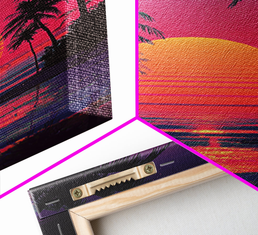 Surreal Neon Purple And Pink Bridge Over River Cityscape Under Starry Night Sky Wall Art Framed Canvas Print For Dreamy Decor