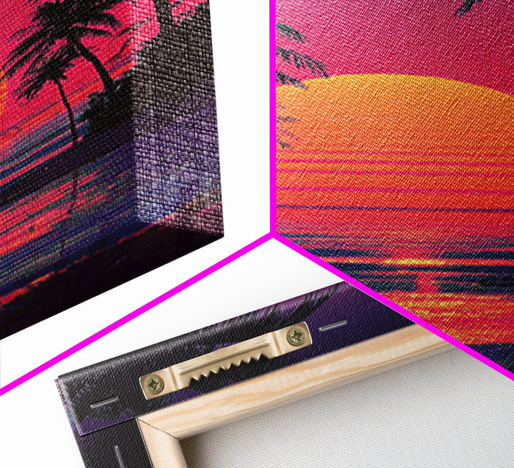Surreal Neon Purple And Pink Bridge Over River Cityscape Under Starry Night Sky Wall Art Framed Canvas Print For Dreamy Decor