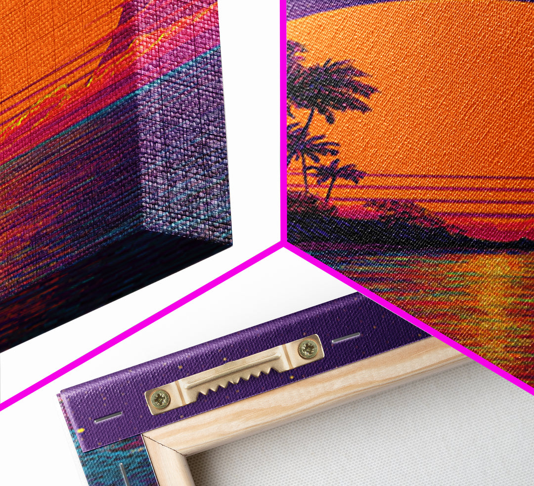 Tropical Sunset With Palm Trees Over Water Vibrant Coastal Wall Art Framed Canvas Print