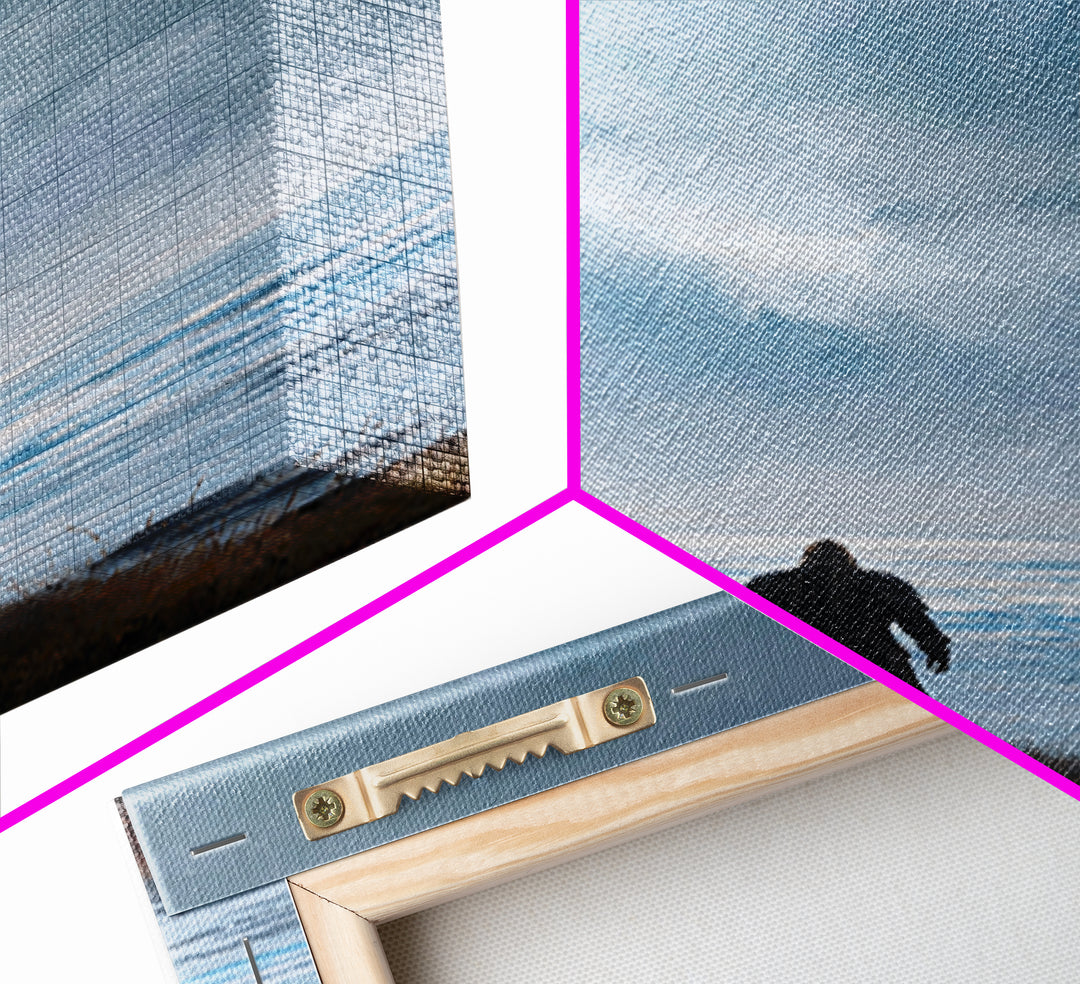 Lone Warrior Facing Cold Blue Sea Canvas Print, Minimalist Coastal Wall Art, Moody Seascape Living Room Decor, Above Bed Art