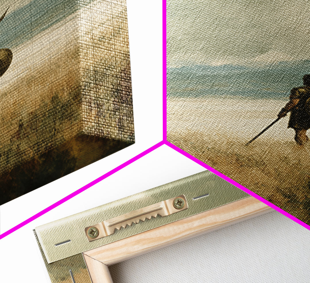 Solitary Spearman With Round Shield In Misty Field Wall Art, Ancient Warrior Canvas Print For Neutral Rustic Home Decor And Gift