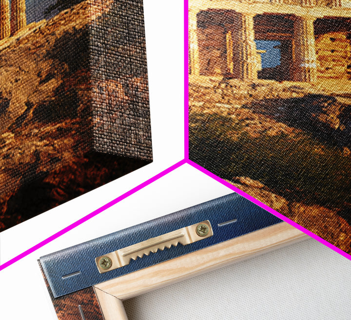 Golden Greek Temple On Rocky Hill Wall Art, Ancient Greece Landscape Painting, Mediterranean Decor, Travel Art Print, Gift For Him