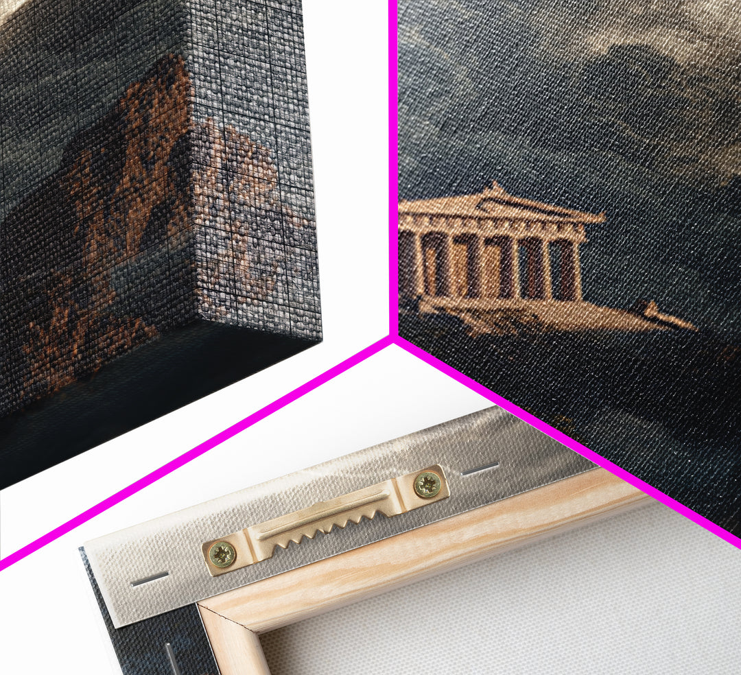 Ancient Greek Temple In Lightning Storm Framed Canvas Print, Mythological Wall Art, Dramatic Landscape Decor, Office Art
