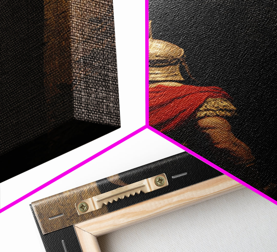 Roman Soldier Facing Shadowed Bull Framed Canvas Print, Mythological Art, Dark Academia Decor, Ancient Classical Wall Art
