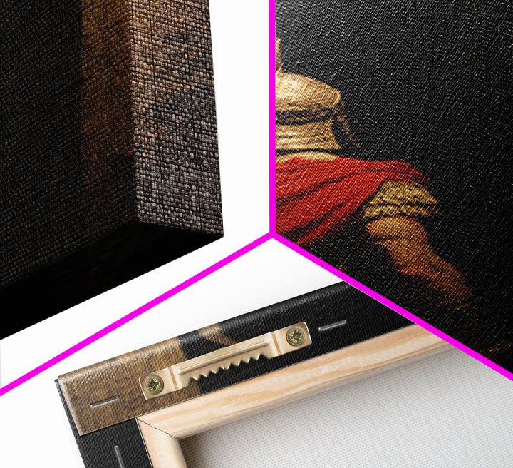 Roman Soldier Facing Shadowed Bull Framed Canvas Print, Mythological Art, Dark Academia Decor, Ancient Classical Wall Art