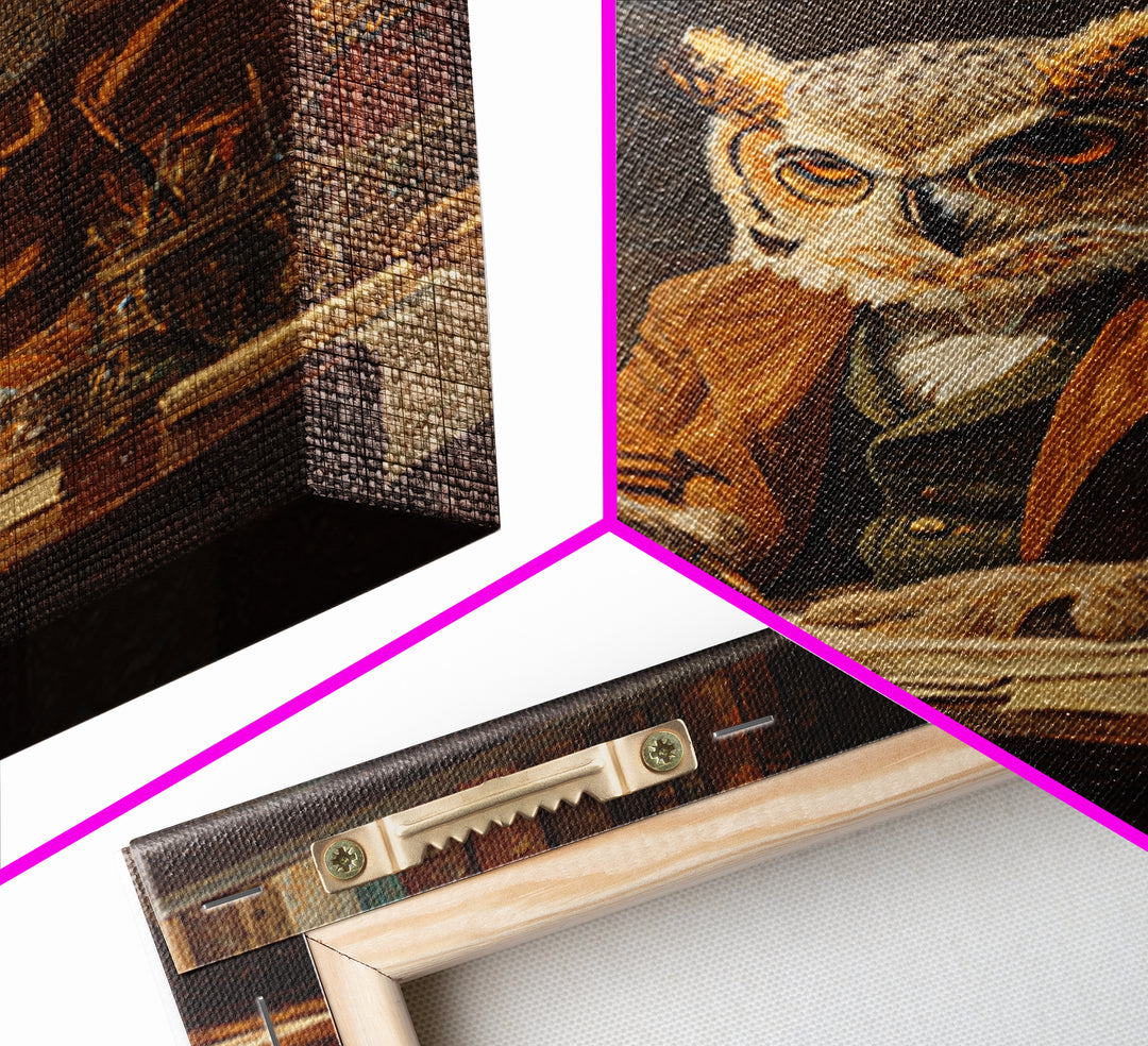 Scholarly Owl Writing In Antique Library Framed Canvas Print, Whimsical Animal Wall Art, Dark Academia Office Decor Gift