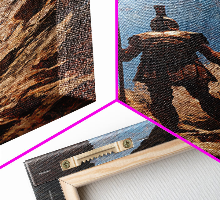 Spartan Warrior In Mountain Cave Framed Canvas Print, Ancient Greek Wall Art, Fantasy Adventure Decor, Gift For Him, Office Decor