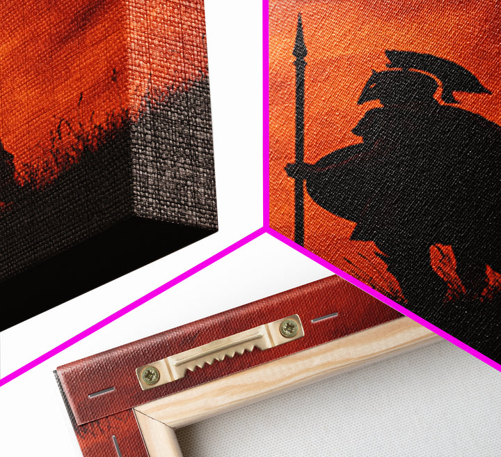 Spartan Silhouette At Red Sunset Wall Art, Ancient Warrior Canvas Print, Dramatic Battle Painting, Masculine Decor Gift For Him
