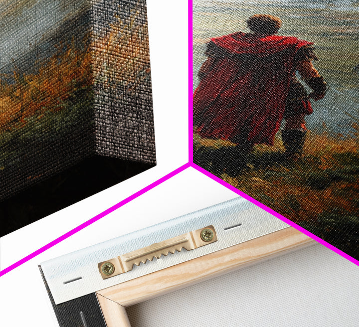 Roman Soldier In Red Cape Over Misty Valley Wall Art, Historical Landscape Painting, Moody Warrior Art Decor, Gift For Him