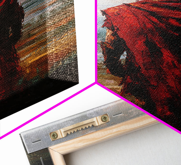 Red Cloaked Warrior Gazing At Sea Canvas Print, Moody Seascape Oil Painting, Roman Wall Art, Masculine Living Room Decor