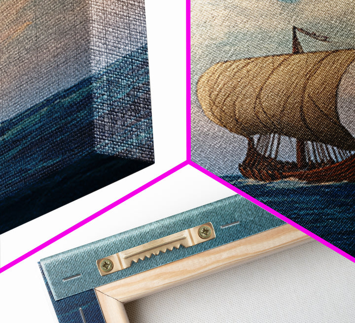 Viking Longship Sailing On Blue Sea Wall Art, Nautical Canvas Print, Scandinavian Coastal Decor, Historical Travel Poster