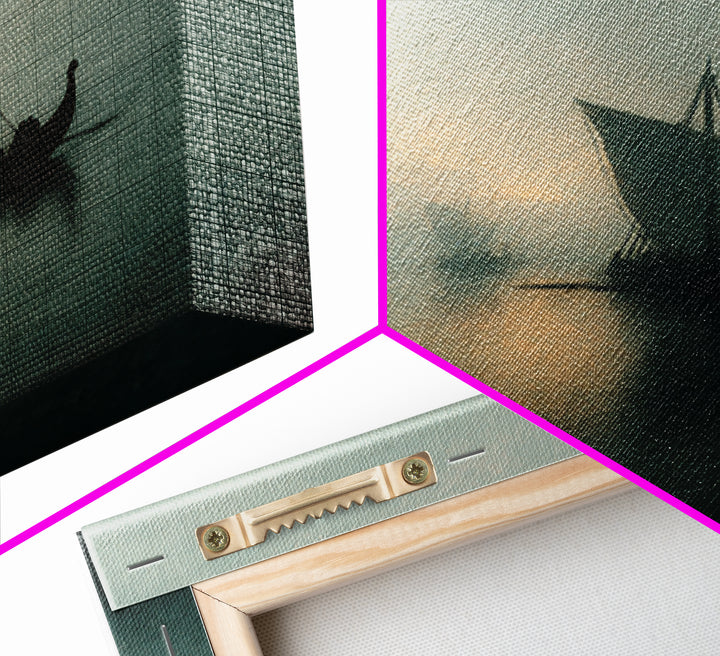 Misty Viking Sailboat On Foggy Water, Framed Canvas Print, Moody Seascape Wall Art, Nautical Decor, Nordic Coastal Art Print