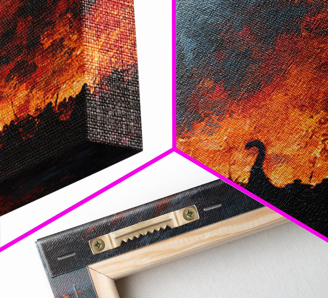 Burning Viking Ships On Dark Harbor Wall Art, Epic Historical Battle Canvas, Moody Seascape, Fantasy Living Room Decor, Home Decor