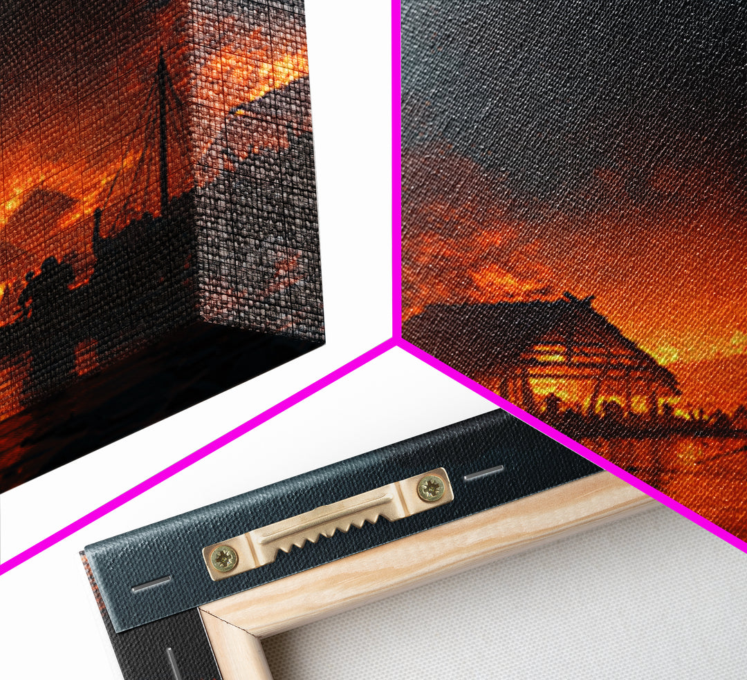 Burning Viking Harbor At Night Wall Art, Nordic Village Canvas Print, Dark Fantasy Decor, Moody Seascape Living Room Art