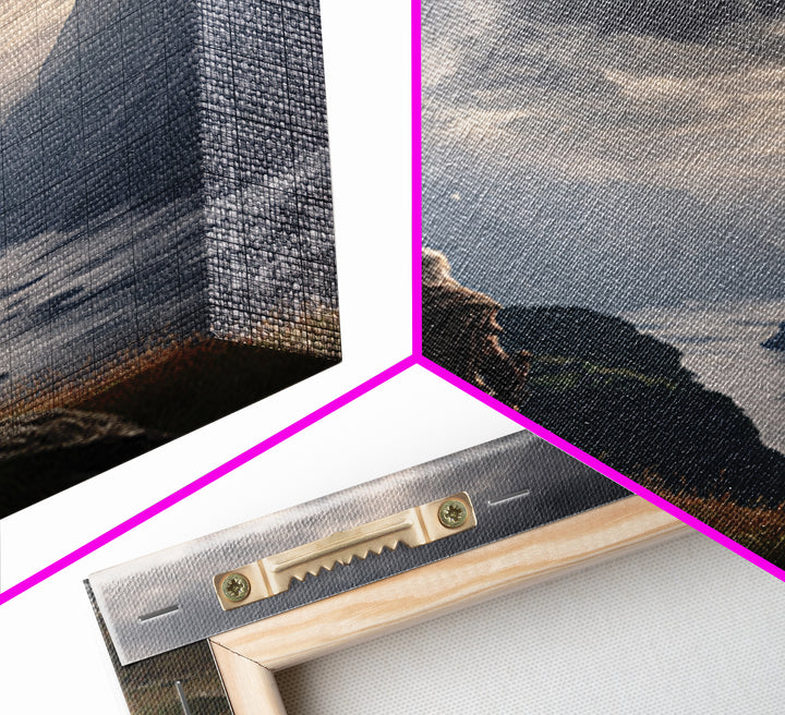 Cloaked Warrior Over Stormy Fjord Wall Art, Epic Nordic Landscape Canvas Print, Dark Academia Decor, Mountain Art Living Room Decor