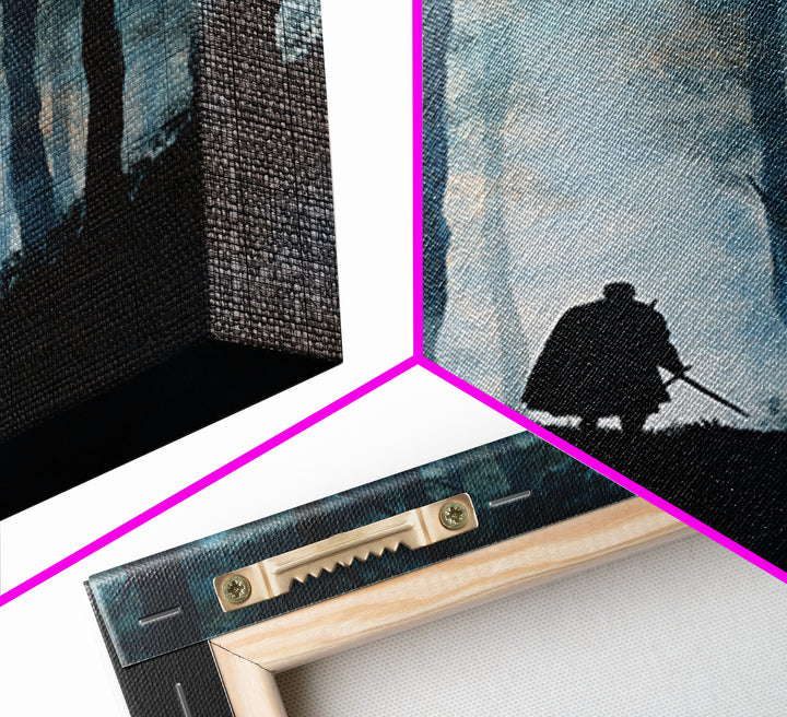 Lone Warrior In Misty Blue Forest Wall Art, Dark Fantasy Canvas Print, Moody Woodland Decor, Medieval Adventure Gift For Him