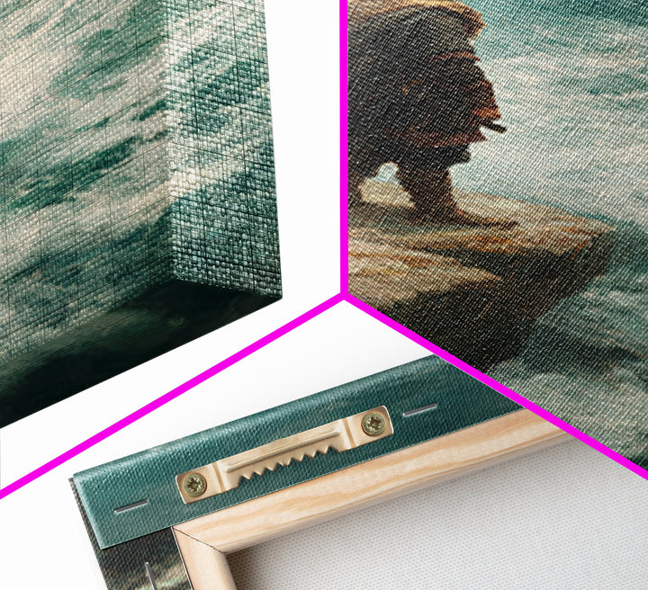 Viking Warrior At Turquoise Sea Wall Art, Coastal Fantasy Canvas Print, Ocean Seascape Painting, Norse Decor Gift For Him