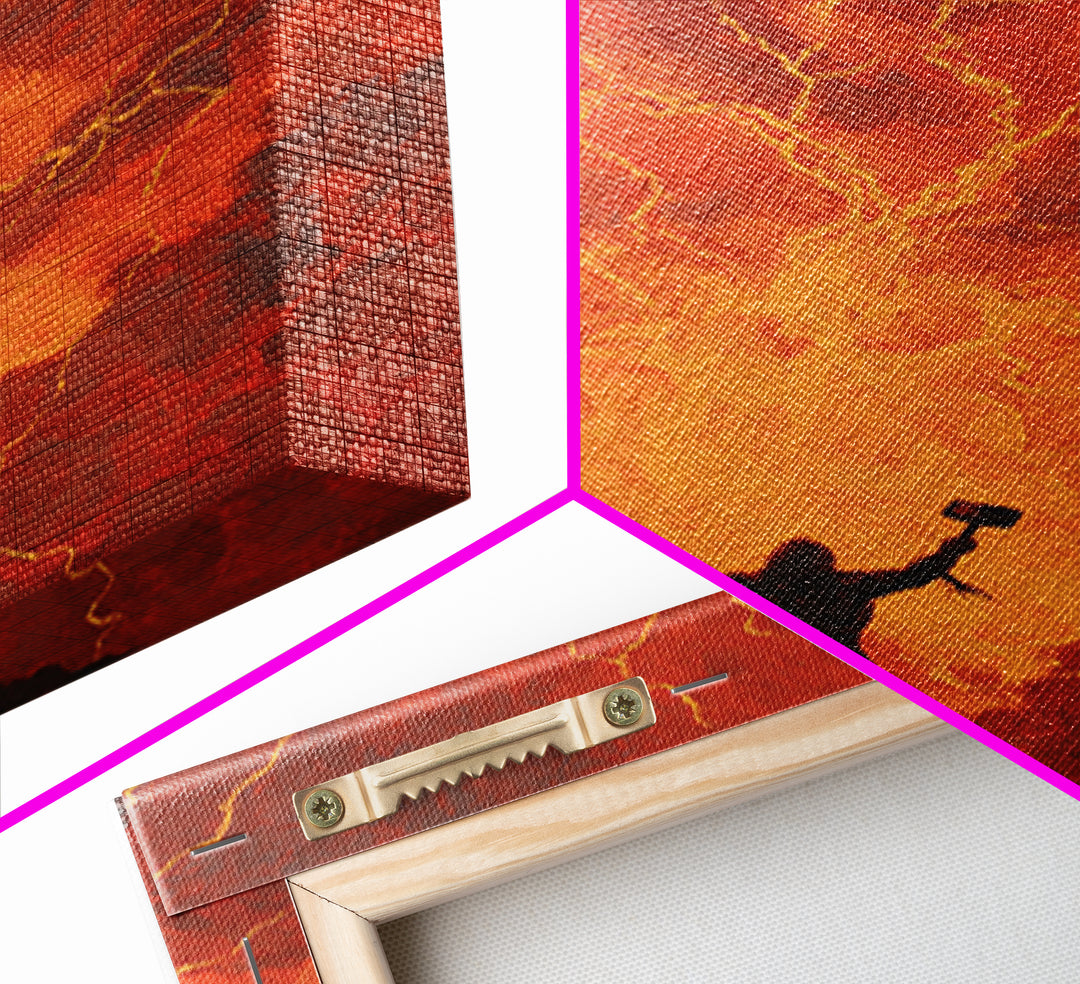 Thor Hammer Lightning Wall Art, Norse Mythology Storm Painting, Dramatic Red Sky Canvas Decor For Fantasy Home Office Gift