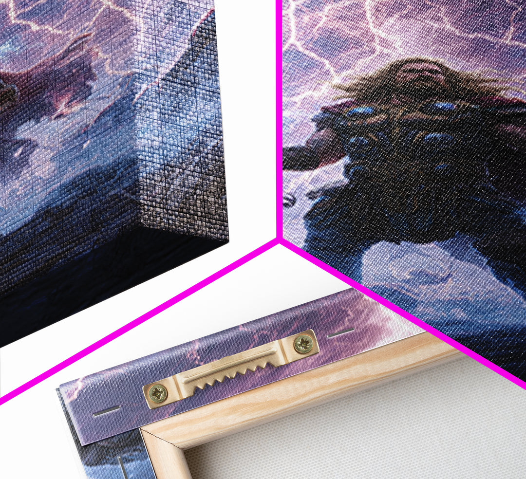Thunder Warrior With Hammer In Lightning Storm Wall Art, Norse Mythology Canvas Print, Viking Decor, Epic Fantasy Gift For Him