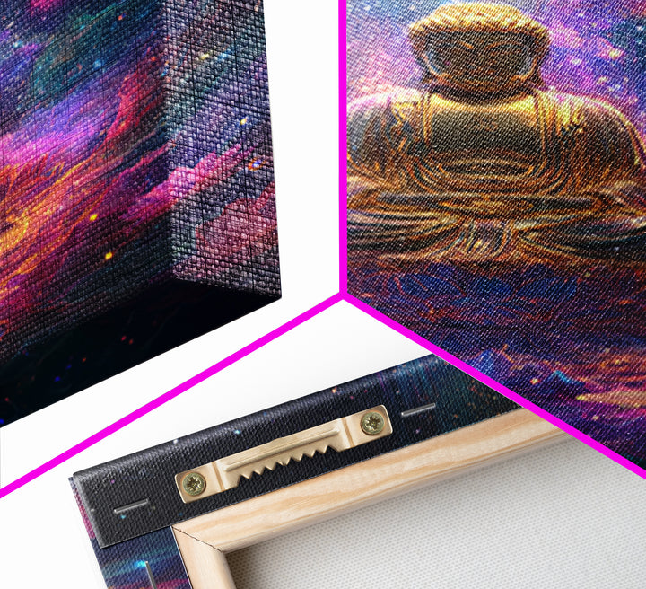 Colorful Glowing Golden Buddha In Cosmic Space Spiritual Wall Art Framed Canvas Print For Home