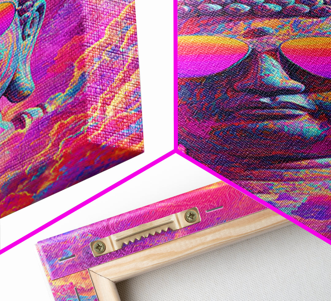 Vibrant Psychedelic Buddha With Colorful Sunglasses Spiritual Wall Art Framed Canvas Print