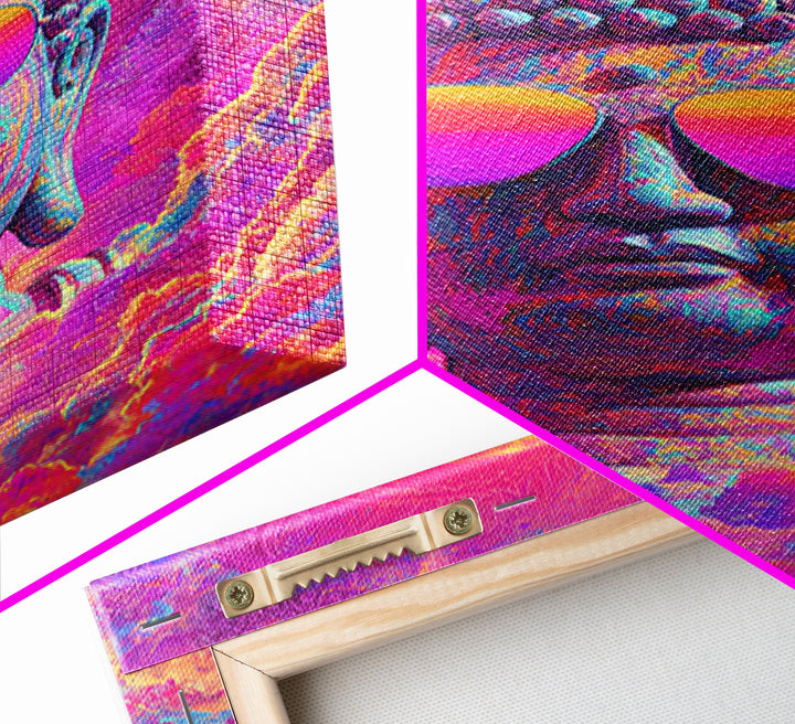 Vibrant Psychedelic Buddha With Colorful Sunglasses Spiritual Wall Art Framed Canvas Print