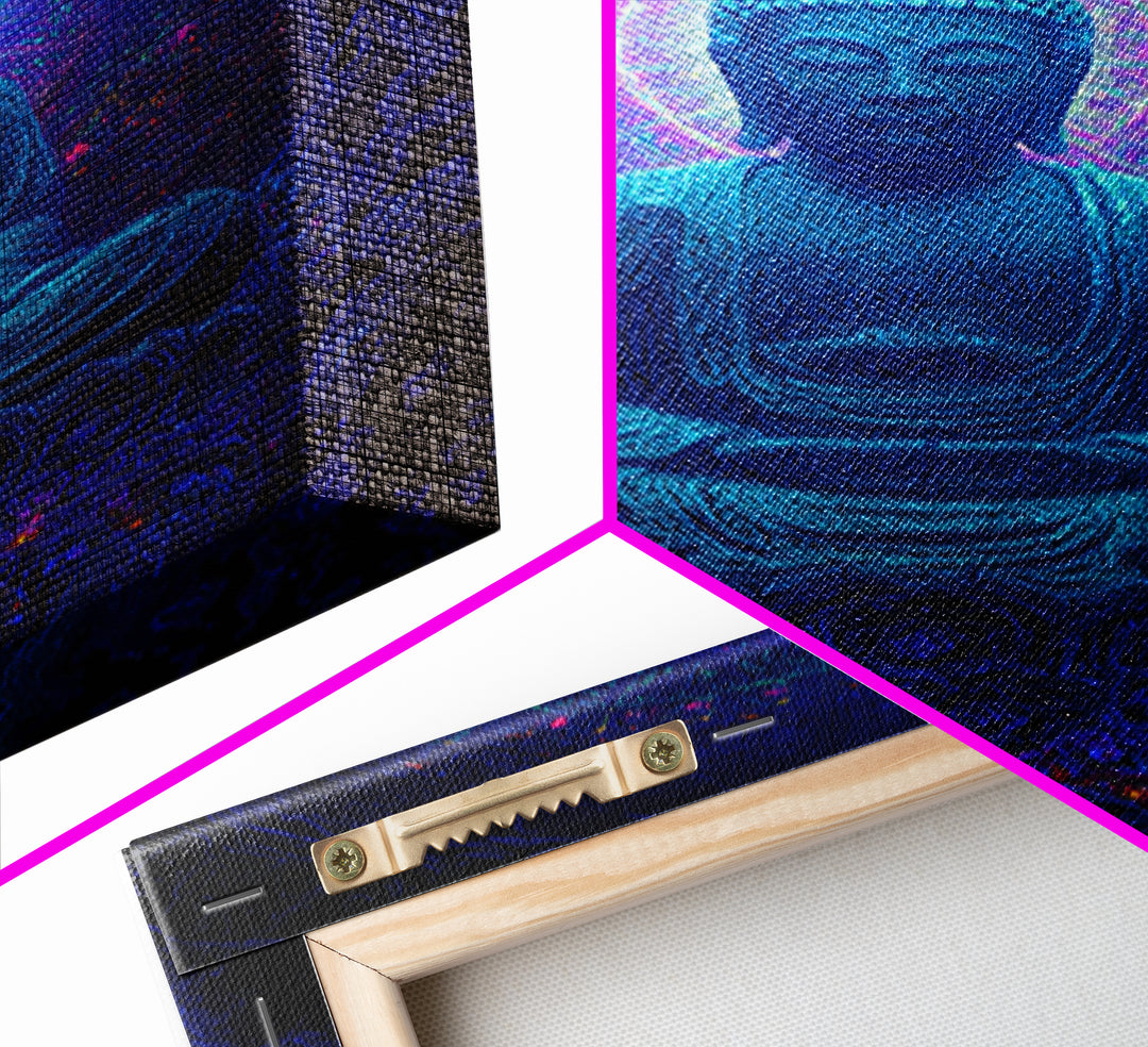 Mystical Blue Buddha Statue With Radiant Halo Spiritual Wall Art Framed Canvas Print For Meditation Room Decor