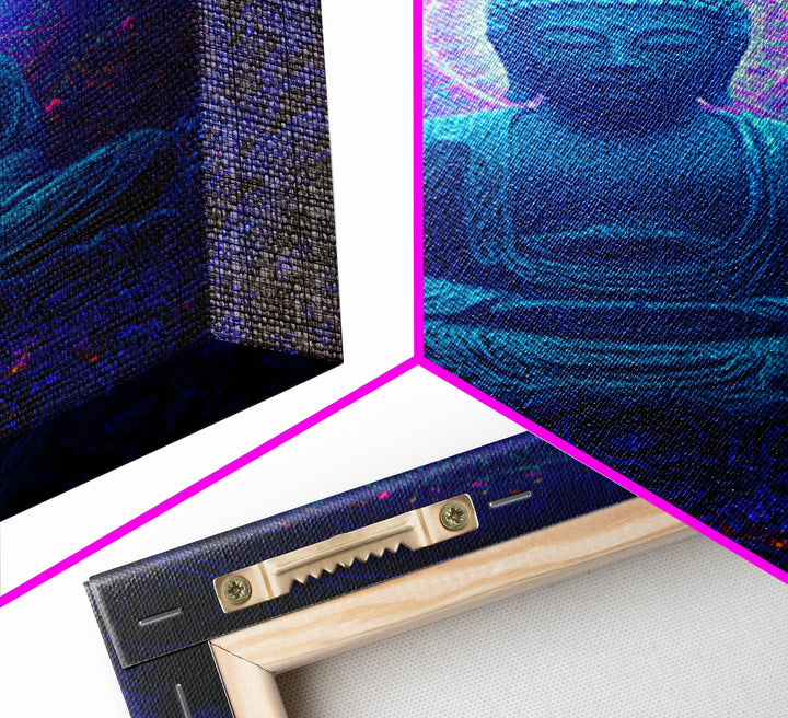Mystical Blue Buddha Statue With Radiant Halo Spiritual Wall Art Framed Canvas Print For Meditation Room Decor