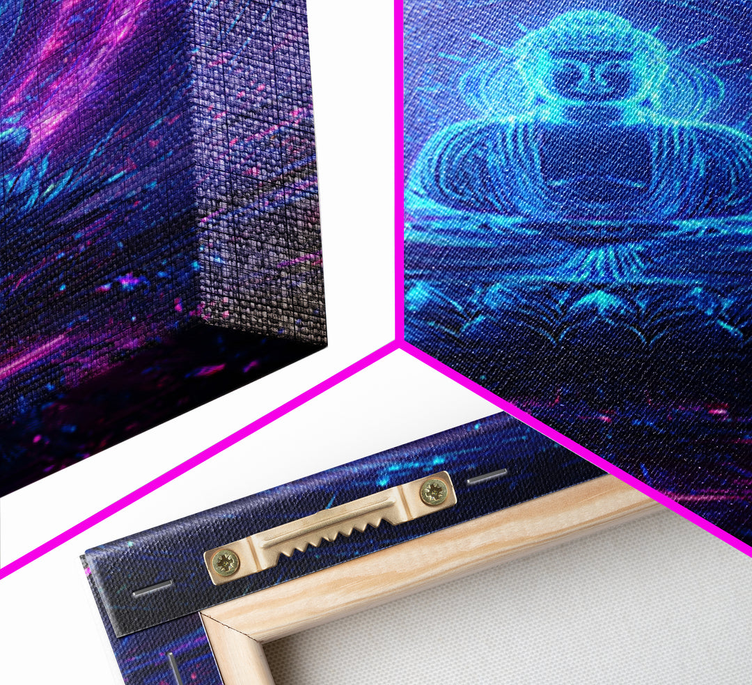 Futuristic Buddha Neon Cyber Meditation Spiritual Wall Art Framed Canvas Print for Modern Zen Home Decor