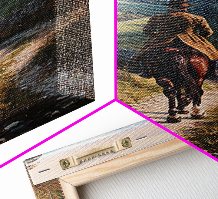 Equestrian Rider On Country Lane Framed Canvas Print, Rolling Hills Landscape Art, Horse Wall Decor, Rustic Farmhouse Decor