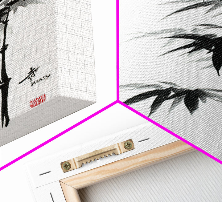 Traditional Black Ink Bamboo Painting Canvas Print, Japanese Sumi-e Style Wall Art, Elegant Minimalist Home Decor