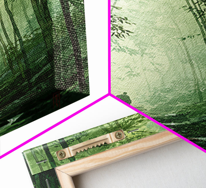 Quiet Green Bamboo Forest Path With Figure Walking Amongmist Framed Canvas Print For Serene Nature Wall Art And Home Decor