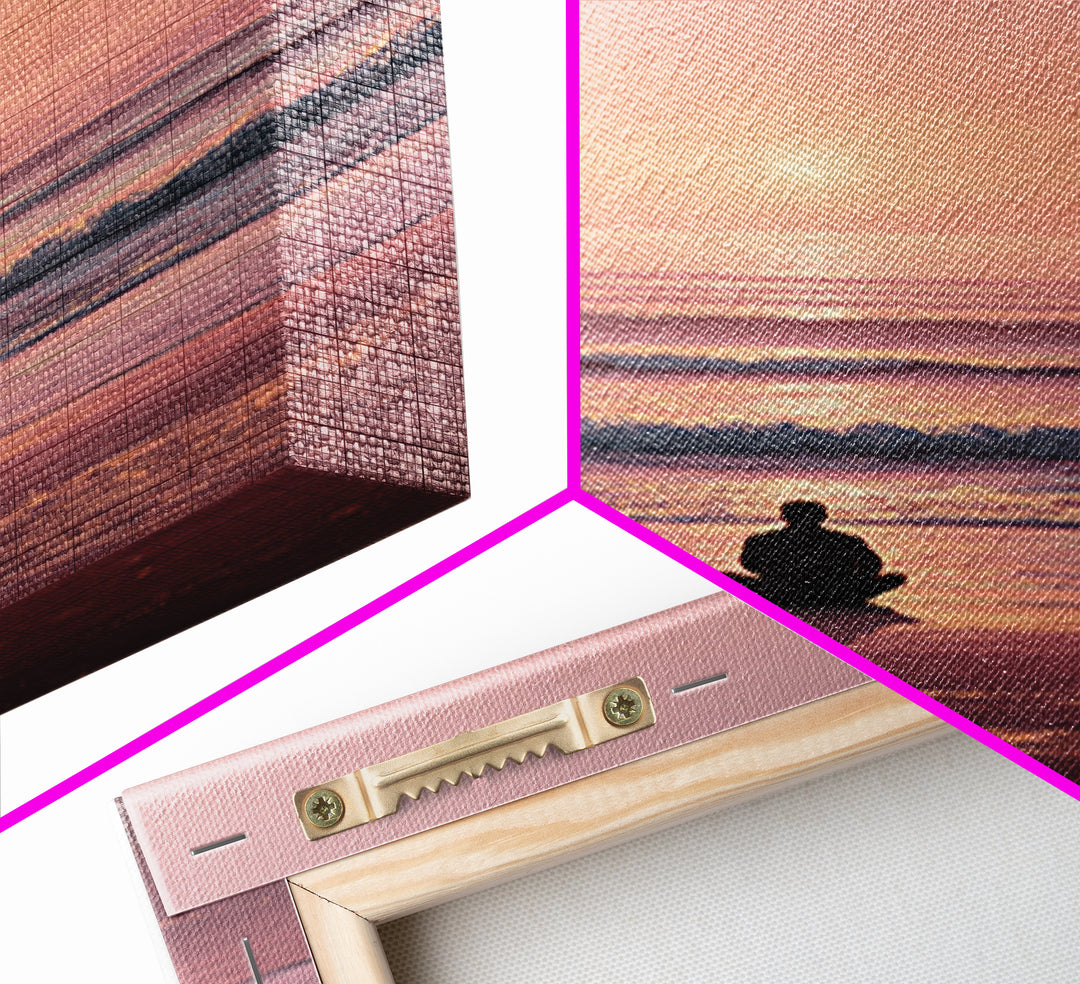 Meditative Seaside Sunset With Silhouette Sitting On Beach Wall Art Beautiful Ocean Canvas Print For Zen Home Decor