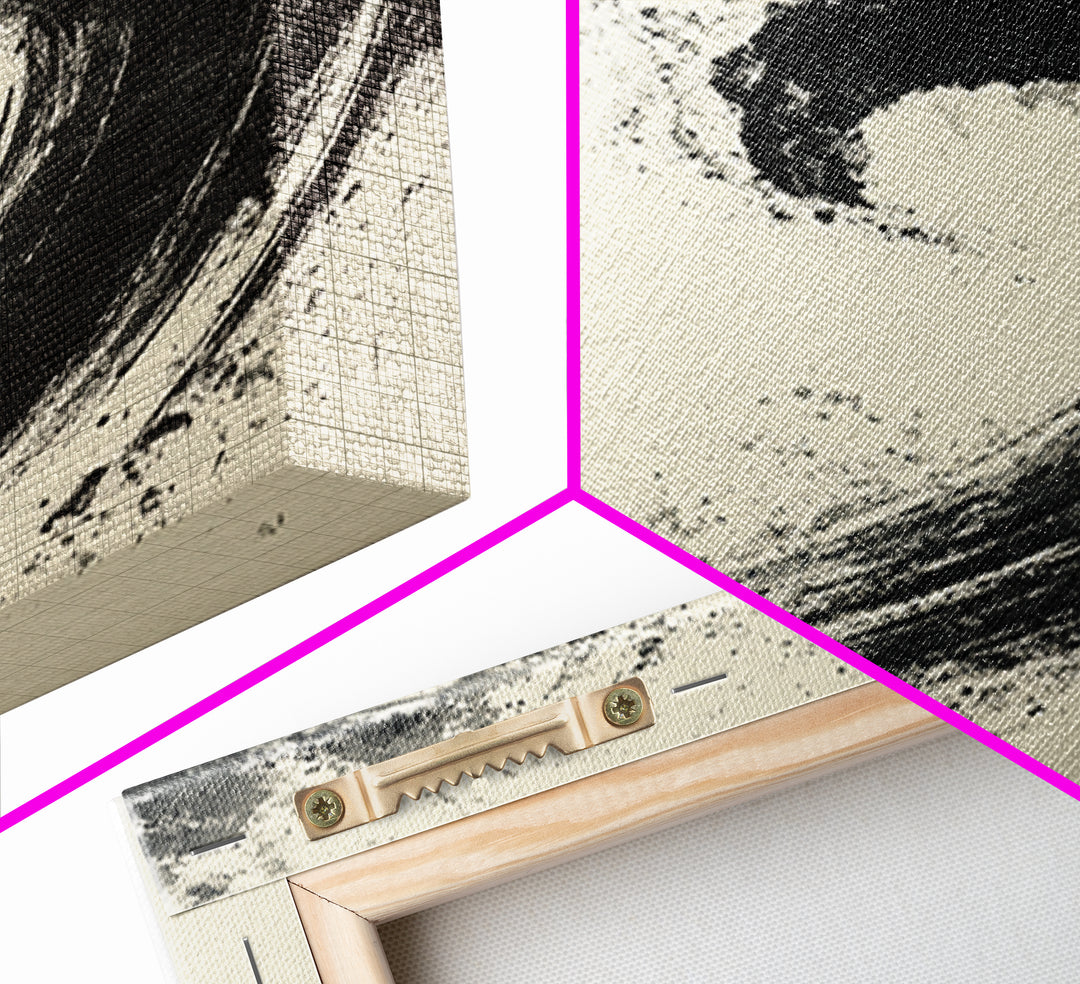 Serene Japanese Inspired Wave Ink Painting Minimalist Wall Art Framed Canvas Print