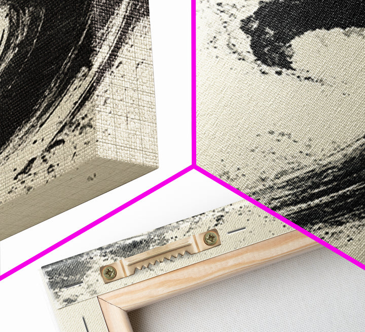 Serene Japanese Inspired Wave Ink Painting Minimalist Wall Art Framed Canvas Print