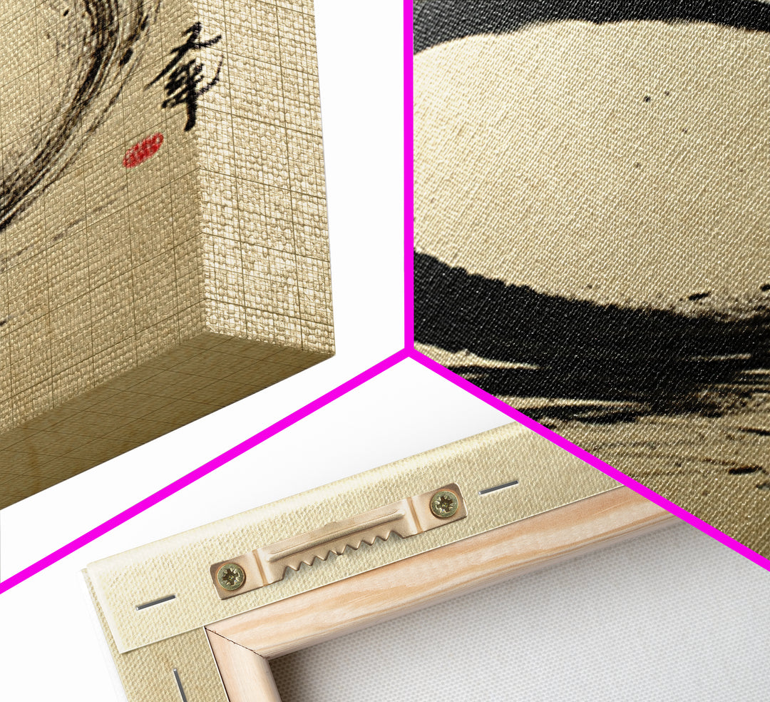 Elegant Minimalist Black Ink Enso Circle With Japanese Calligraphy Wall Art Print Framed Canvas Print For Modern Home Decor