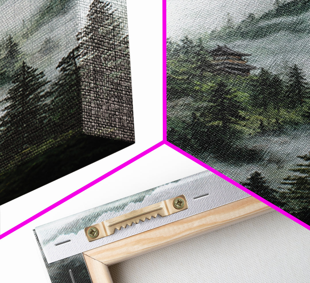 Mist Covered Mountain Landscape With Pine Trees And Hidden Cabin In The Forest Wall Art For Rustic Home Decor Canvas Print