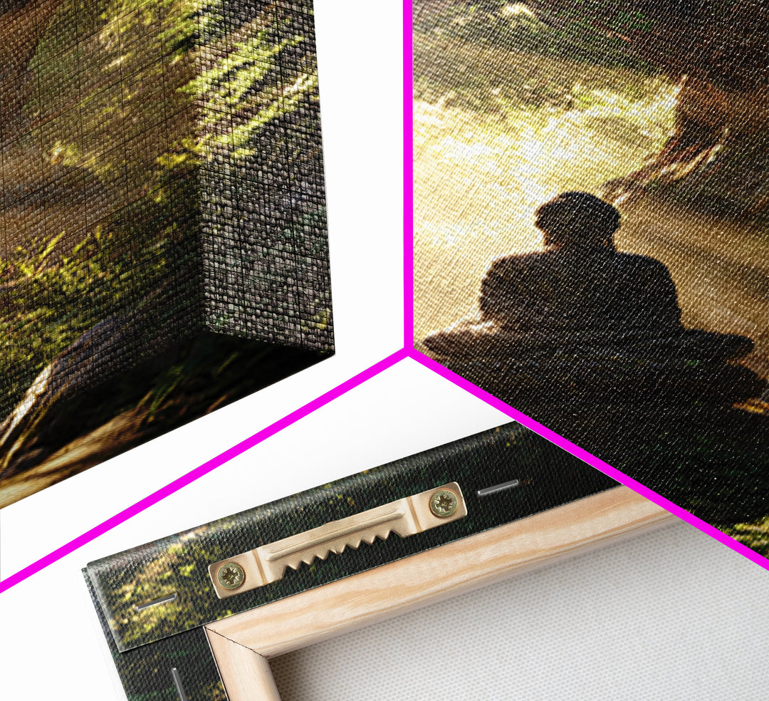 Buddha Statue Meditation Nature Sunbeams Forest Wall Art Canvas Print For Spiritual Home Decor Framed Art