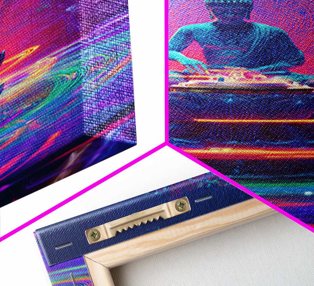 Vibrant Neon Buddha With Sacred Mandala And Energy Rings Wall Art Print Framed Canvas Print Spiritual Home Decor